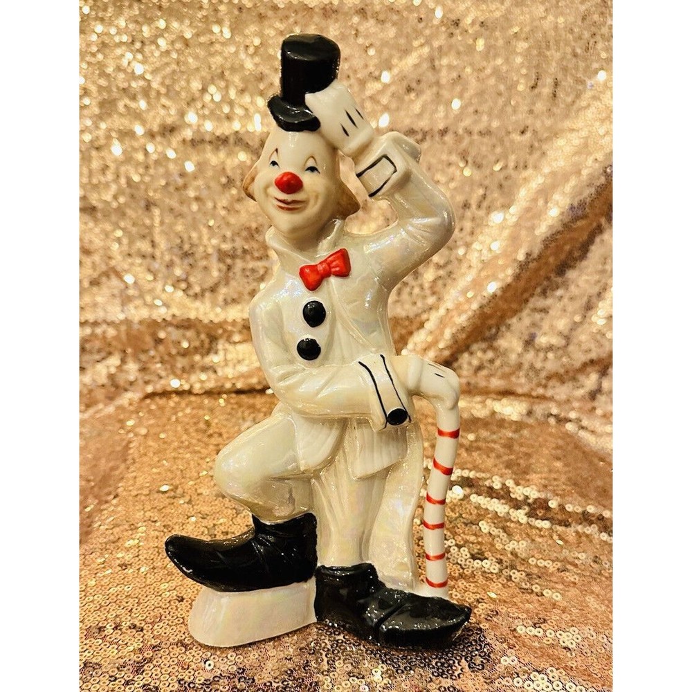 VINTAGE PORCELAIN CLOWN FIGURINE  TOP HAT Pantomime Chaplin Black White